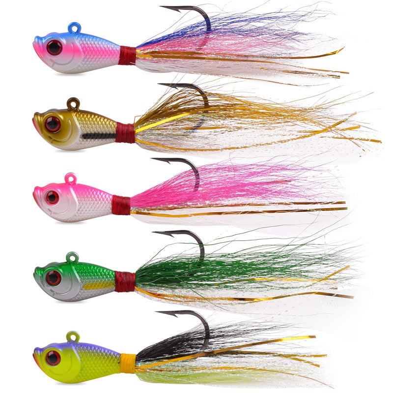 SILANON Bucktail Jigs Saltwater Lures,3/5PCS Bucktail Hair Jigs Head Fishing Lure Baits Assorted Kit for Bass Striper Bluefish Surf Fishing 1/4oz 1/2oz 1oz 1.5oz 2oz - Image 1